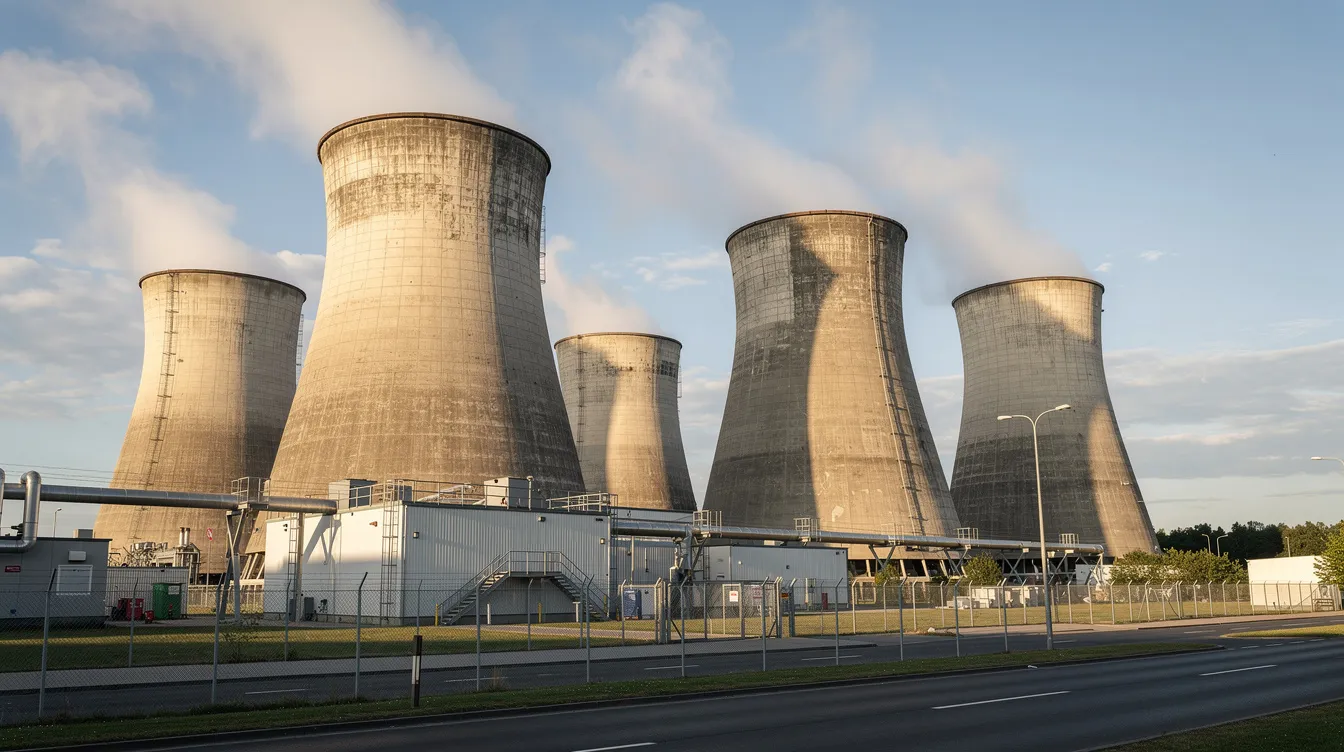 The image depicts a series of large cooling towers, showcasing their structural design and operation. These cooling towers are integral to a cooling system, facilitating heat transfer and water efficiency through processes like evaporation and blowdown.