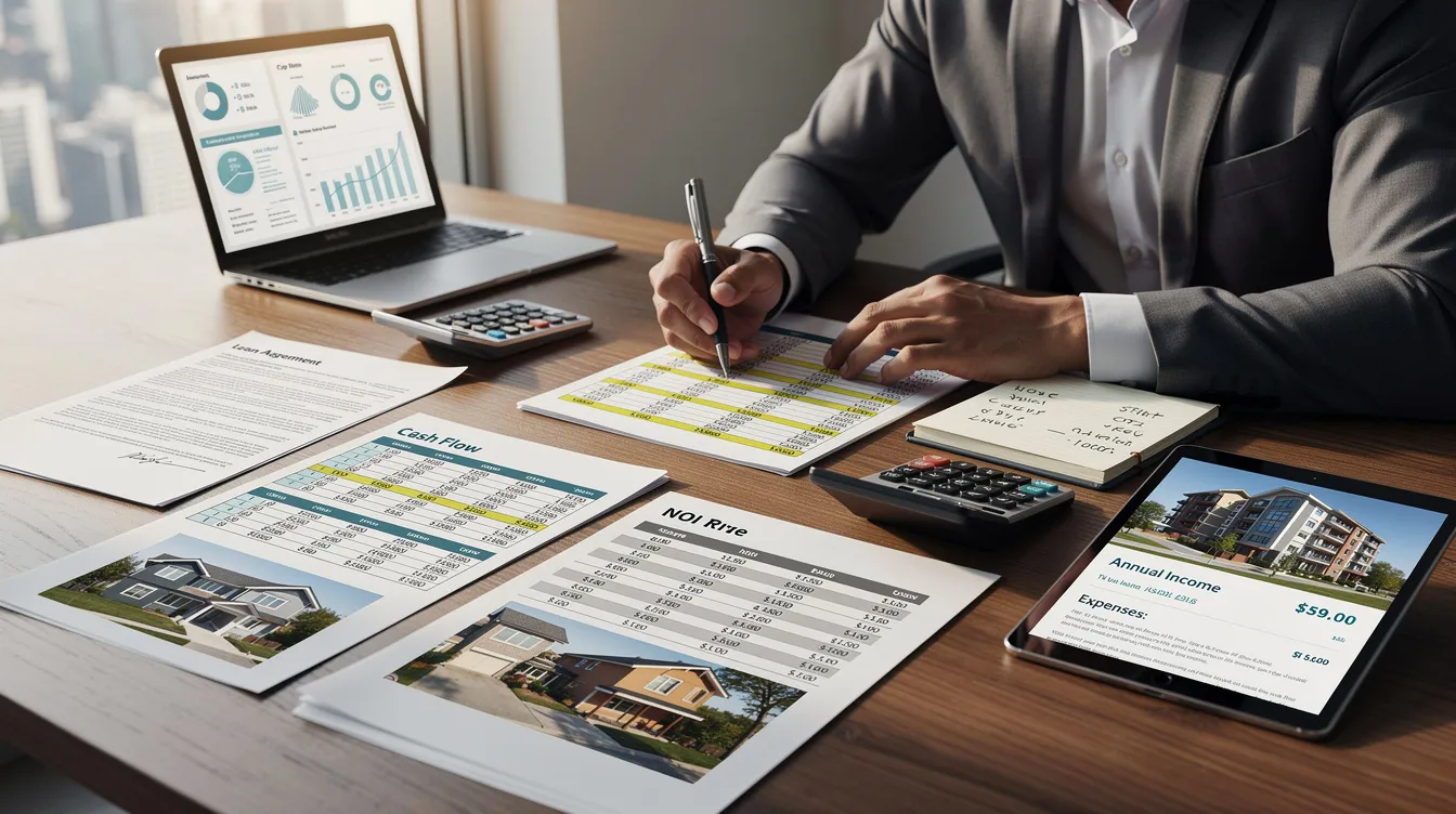 A real estate investor is seated at a table, analyzing financial documents related to their property portfolio, which includes various papers detailing rental income and investment property financing. The scene emphasizes the importance of understanding debt service coverage ratios (DSCR) and cash flow for effective rental property management.