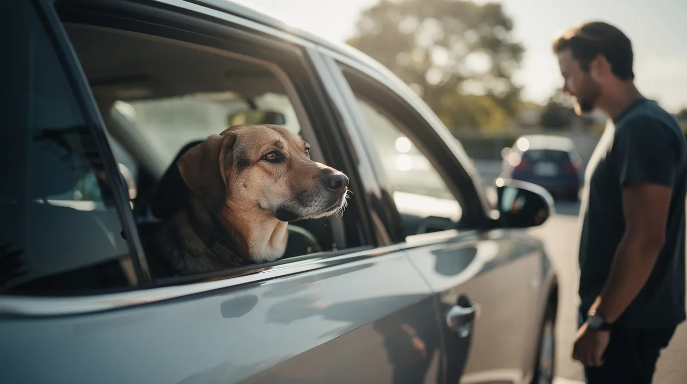 A dog is peering out from a shaded car, while a person stands nearby, emphasizing the importance of keeping furry friends cool during hot weather. This scene highlights safety tips for dog owners, such as never leaving pets in a hot car and ensuring access to fresh water to prevent heat stroke and overheating.