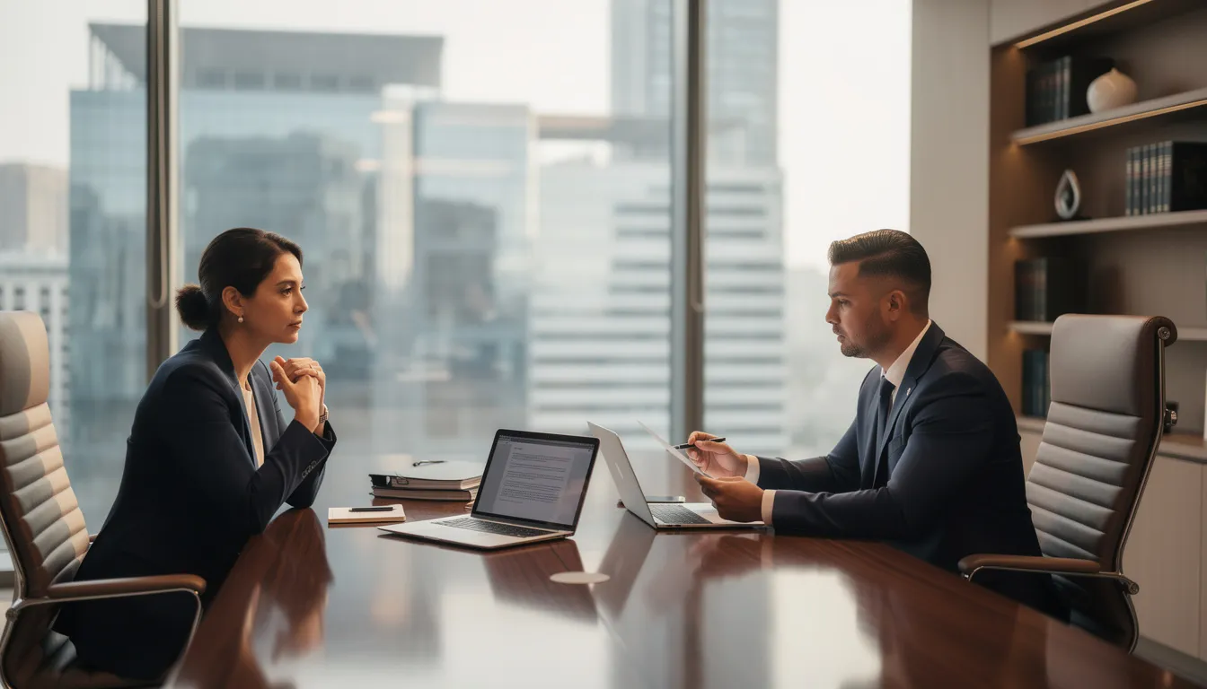 The image depicts a professional attorney consulting with a client in a modern law office, emphasizing the importance of estate planning and probate litigation. The setting conveys a sense of trust and expertise, ideal for addressing legal matters related to loved one's estates and probate disputes.