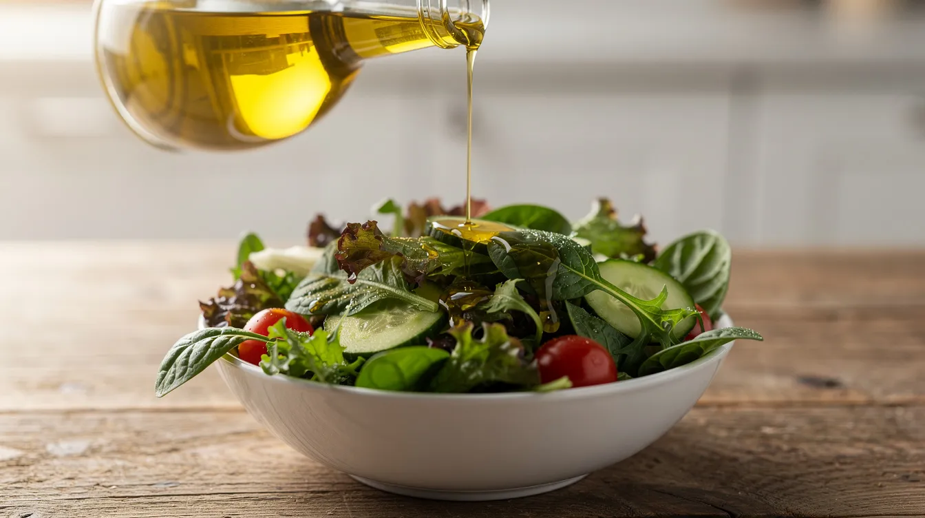 The image shows a generous drizzle of extra virgin olive oil being poured over vibrant fresh salad greens, highlighting the importance of healthy fats in a longevity diet. This visual emphasizes the Mediterranean diet&rsquo;s focus on plant-based foods, which can contribute to heart health and lower disease risk.