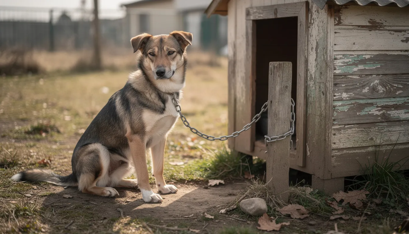 Na podwórku siedzi pies rasy mieszanej, przywiązany krótkim łańcuchem do słupka, obok drewnianej budy. Zwierzak nie ma możliwości swobodnego poruszania się, co może budzić obawy o jego dobrostan i ochronę zwierząt.