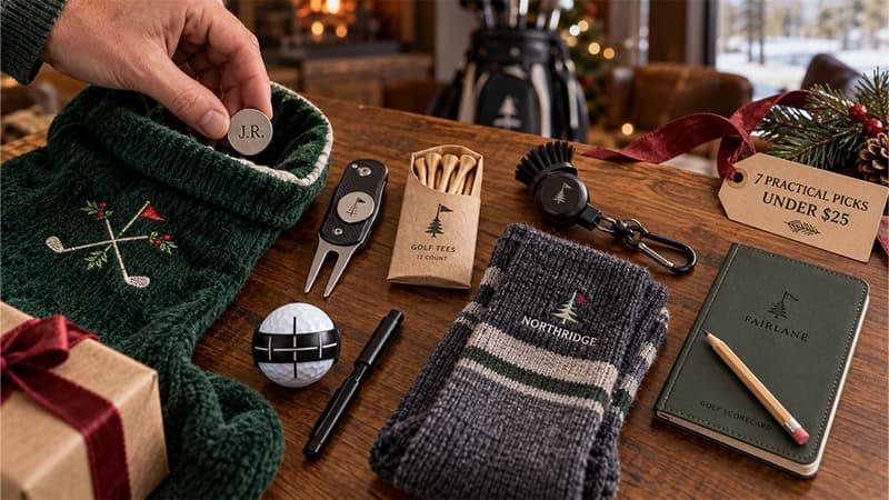 Golf stocking stuffers under $25 including a personalized ball marker, divot tool, golf tees, club brush, alignment stencil, winter socks, and scorecard notebook