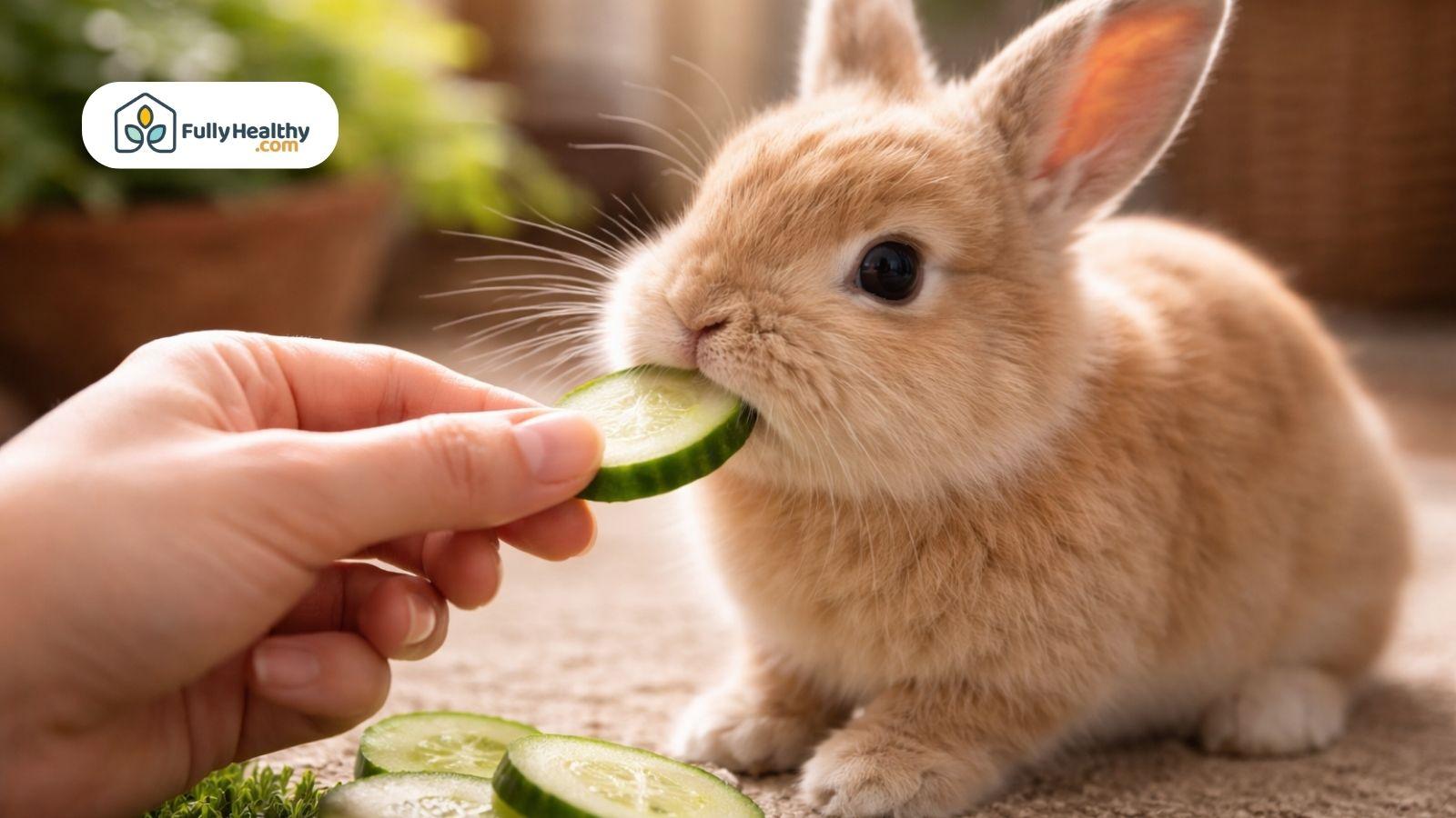 Cute brown rabbit being hand fed cucumber slice in cozy home setting