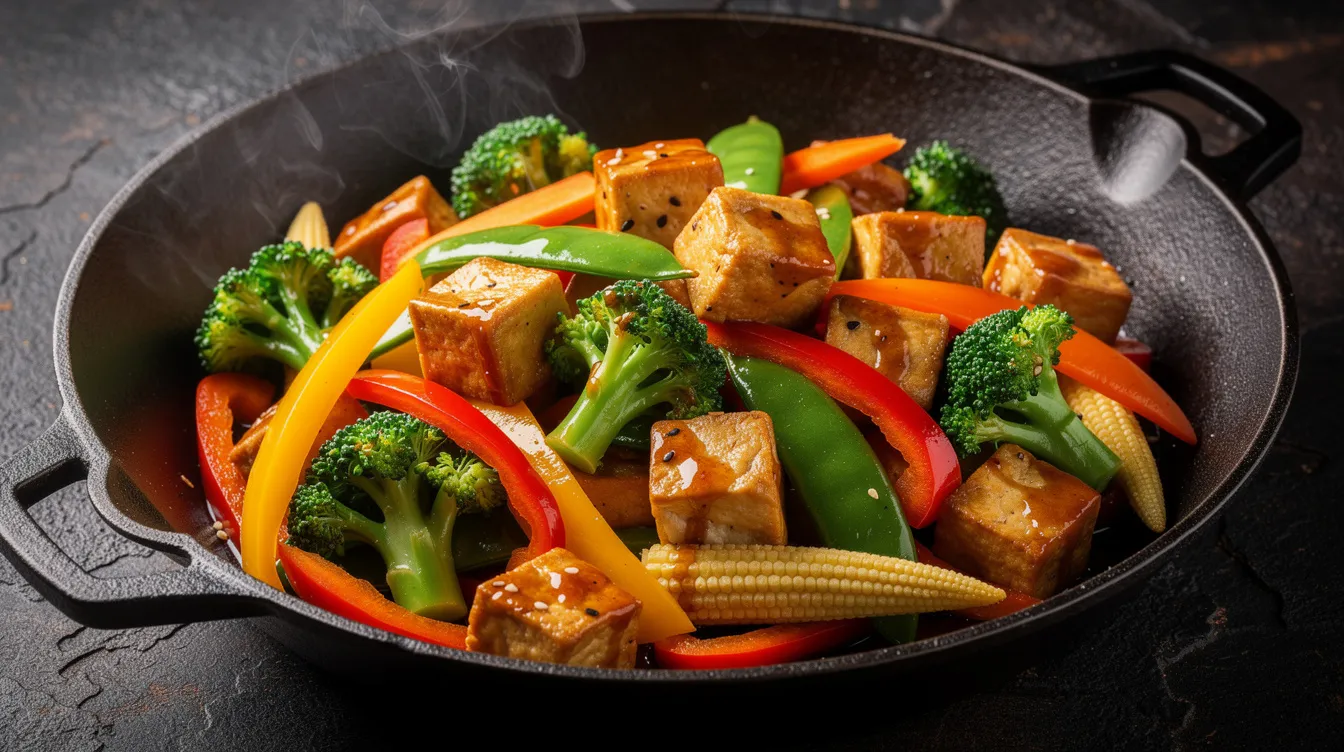 The image features a vibrant tofu stir-fry in a dark wok, showcasing an array of colorful mixed vegetables like bell peppers and green beans, creating a visually appealing dish. This high protein meal is perfect for those seeking low calorie recipes and balanced eating options.