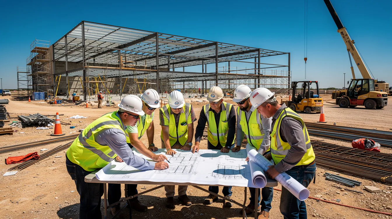 A group of construction workers is gathered at a commercial building job site, intently reviewing blueprints under a bright Texas sky. Their collaboration reflects the essential teamwork and skills needed in the construction industry to ensure successful project execution and economic growth.