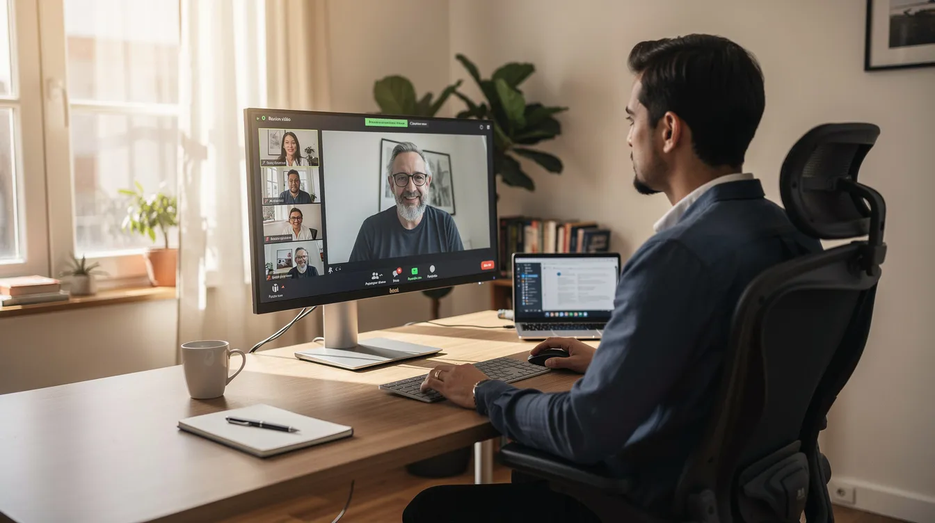 Une personne assise à un bureau à domicile participe à une visioconférence sur un écran d'ordinateur, illustrant l'importance de la communication et de la collaboration dans le cadre du travail en entreprise. Cette scène met en avant les compétences nécessaires pour gérer des projets et favoriser la performance des équipes.