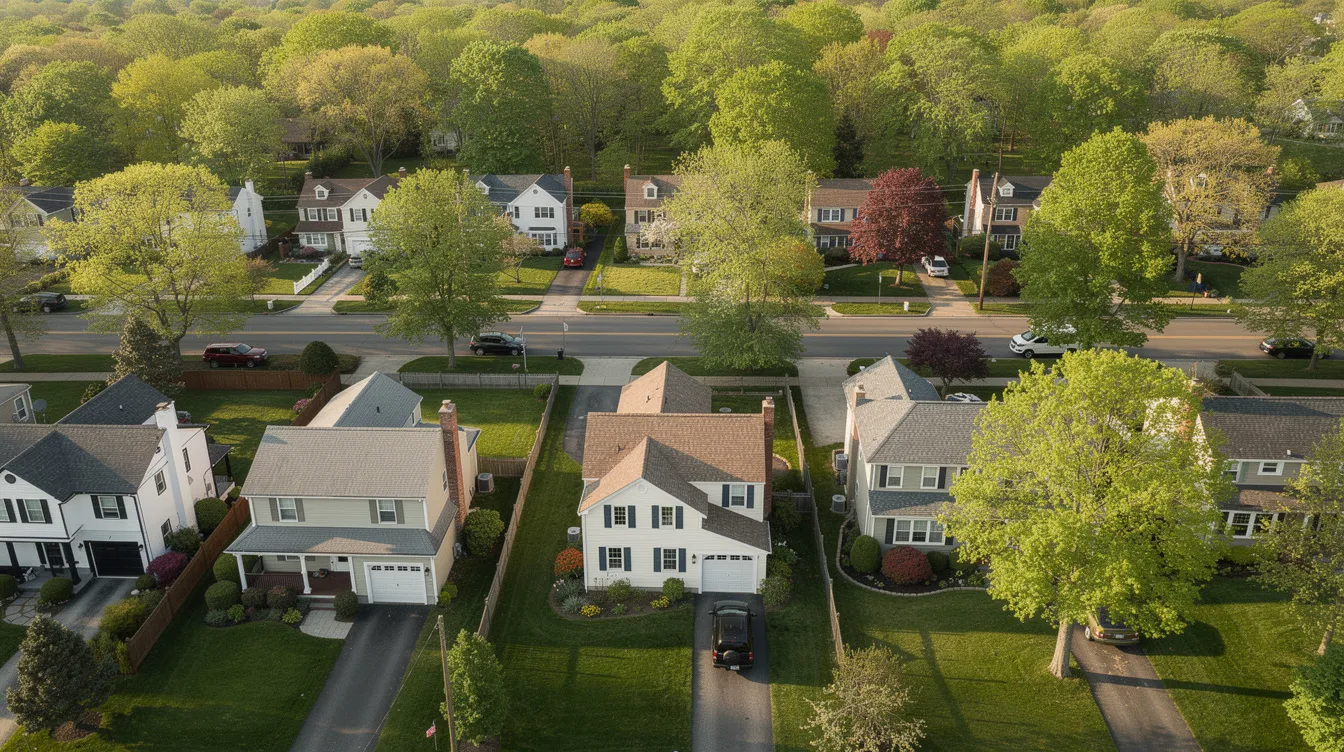 An aerial view captures a suburban neighborhood in Connecticut, showcasing tree-lined streets and various residential homes with well-maintained lawns. The image highlights the peaceful atmosphere of the area, while also hinting at potential concrete removal projects that may be present in the vicinity.
