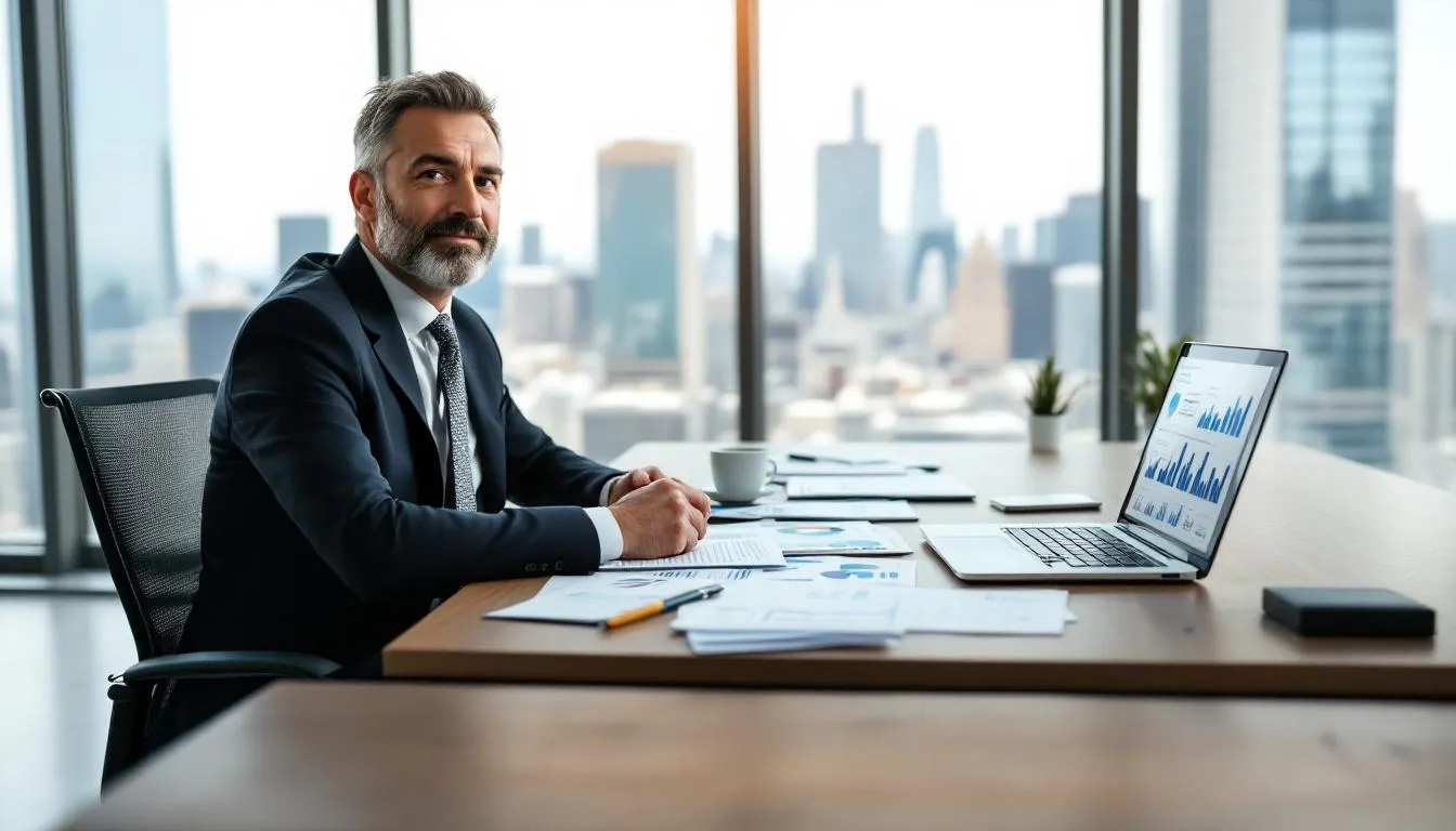 A business owner is intently analyzing financial charts and documents, seeking insights to plan future strategies for their small business. The scene reflects a focus on business valuation, including factors like annual profits and market trends, essential for attracting potential investors.