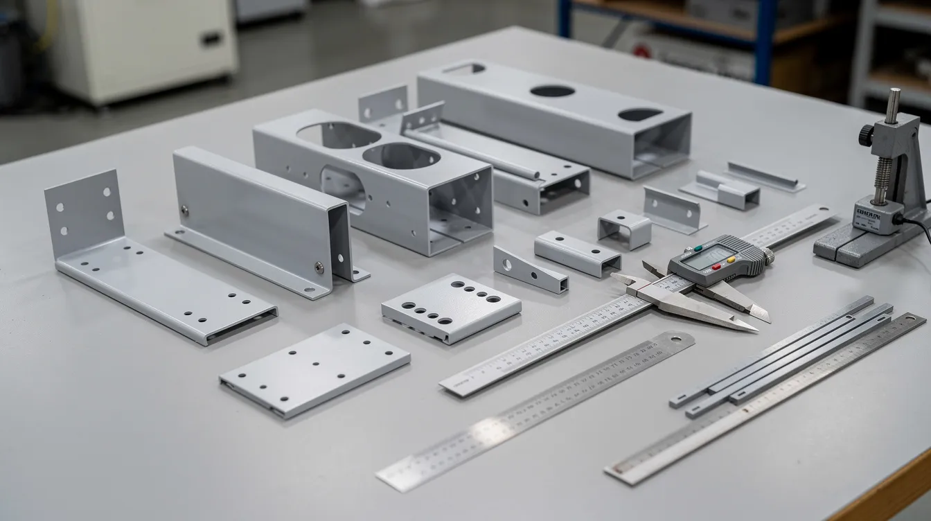 The image depicts a collection of finished bent sheet metal enclosures and brackets neatly arranged on an inspection table, accompanied by various measuring instruments. These sheet metal components, crafted with precision, showcase multiple bends and tight tolerances, emphasizing their dimensional accuracy and structural integrity.