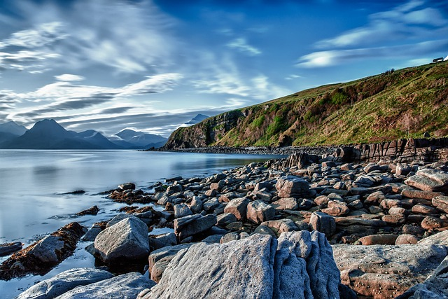 lake, cliff, rocks