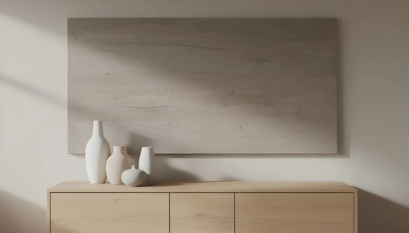 Een warm houten wandpaneel in vergrijsde tinten hangt boven een eikenhouten dressoir, dat is ingericht met keramieken vazen. Deze landelijke stijl wanddecoratie voegt een stoere en unieke uitstraling toe aan de woonkamer.