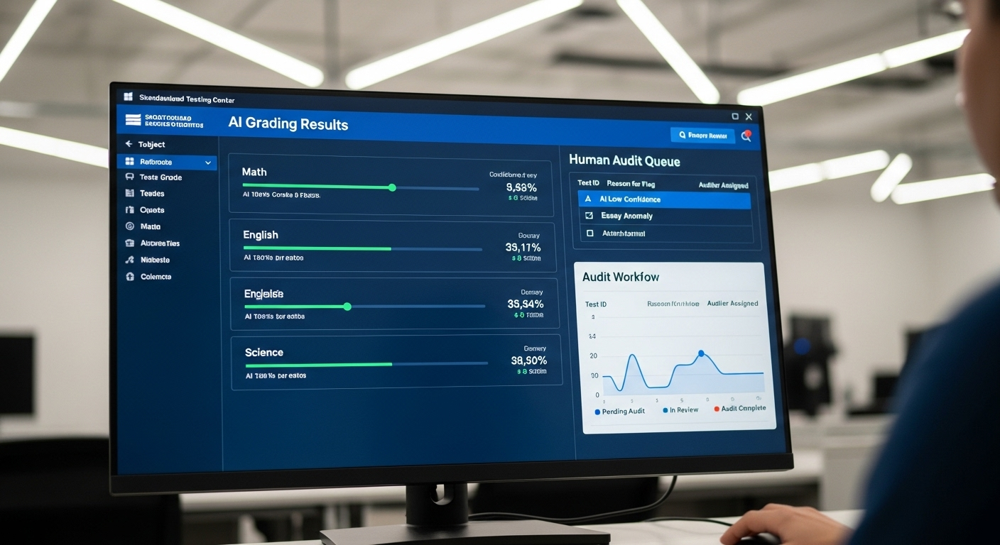 Standardized testing center dashboard showing AI grading results and human audit workflow.