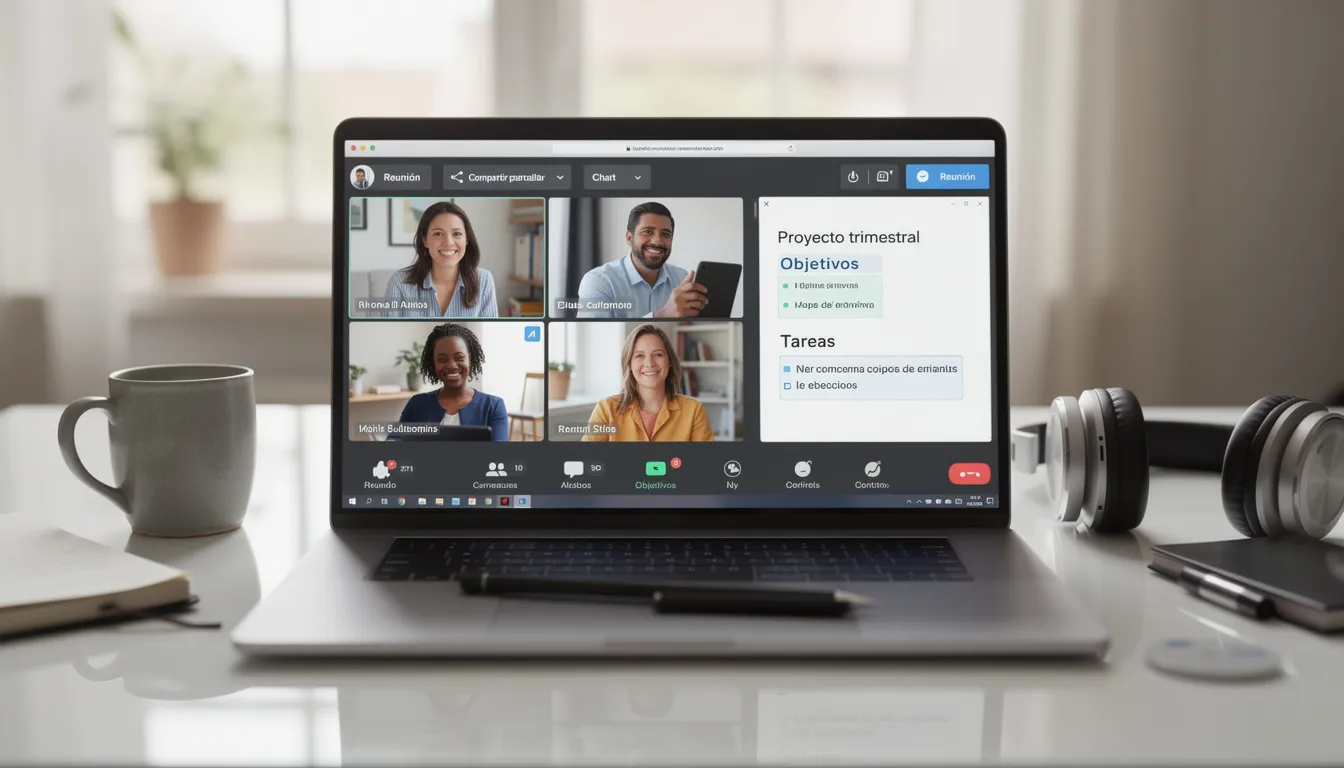 Imagen de un equipo colaborando remotamente a través de una videoconferencia, donde se pueden ver documentos compartidos en la pantalla. Este entorno refleja el uso de software en la nube para facilitar la comunicación y el trabajo colaborativo entre usuarios de diferentes ubicaciones.
