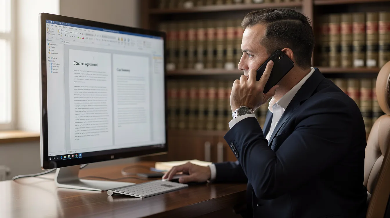 A professional bankruptcy attorney is engaged in a phone call while reviewing documents on a computer screen, illustrating the legal services provided for clients navigating the bankruptcy process in Wyoming. The scene reflects the attorney's dedication to helping individuals understand their options for relief from debt and the complexities of filing a bankruptcy petition.