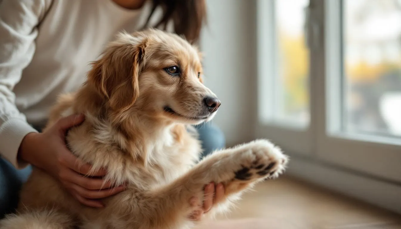 A person is gently touching the paw of a calm dog, who appears relaxed and comfortable, suggesting a positive association with handling their paws, which is essential for regular nail trimming to keep the dog