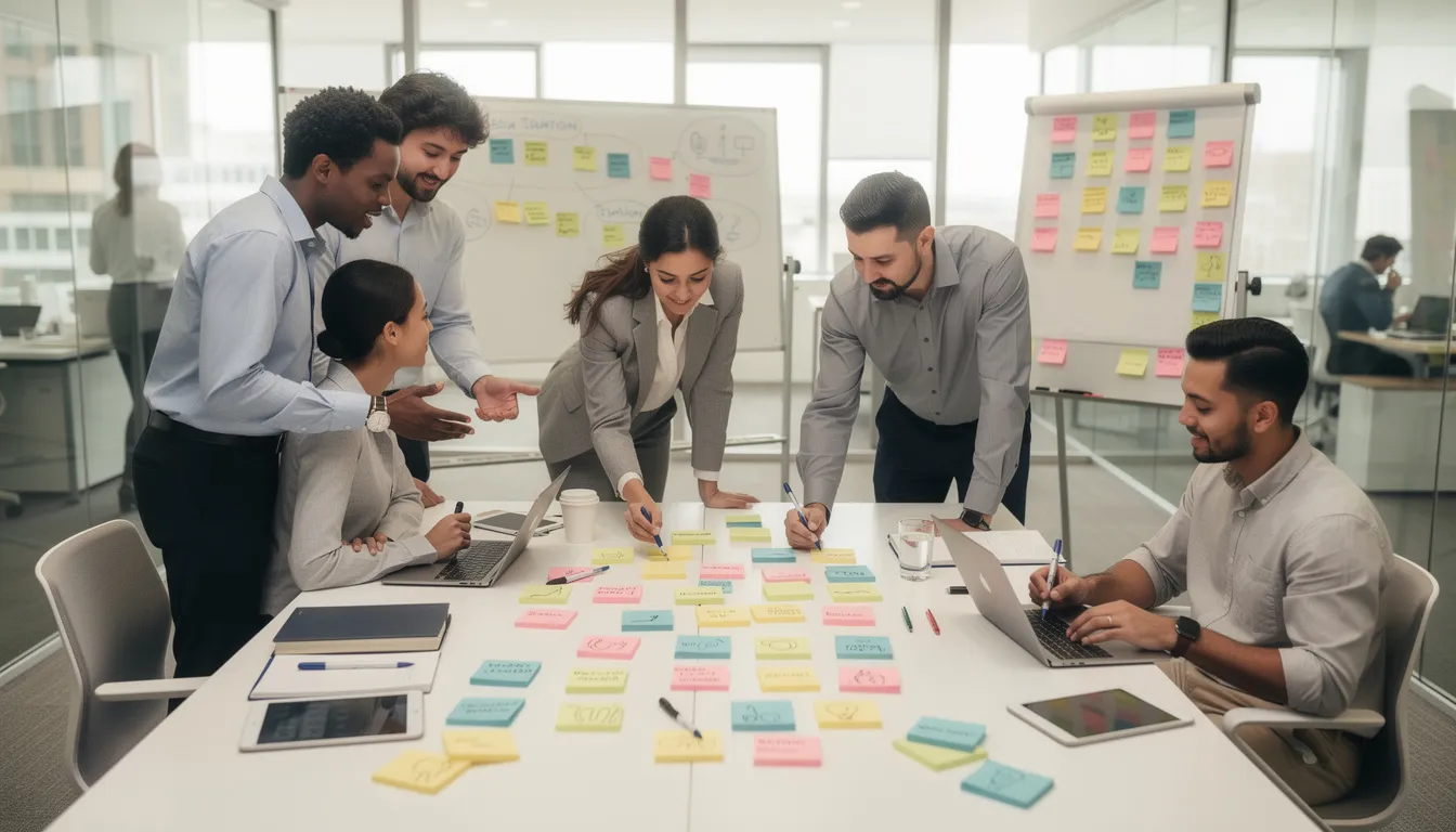 A diverse group of office workers collaborates around a table, surrounded by colorful sticky notes, engaging in a team building exercise that fosters communication skills and encourages creative thinking. This fun employee engagement activity promotes a positive work environment and strengthens team connections among new and experienced team members.