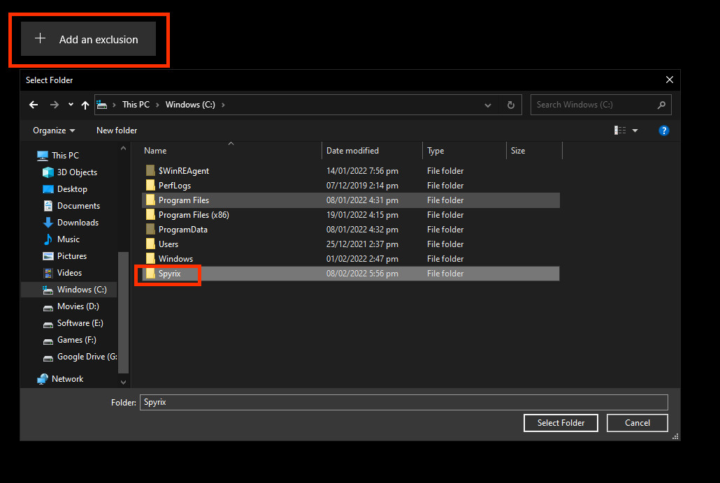 Add Spyrix exclusion