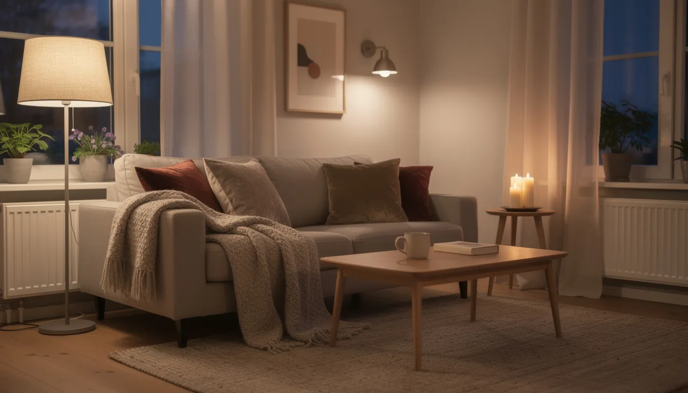 En mysig soffhörna med skiktad belysning och sammetskuddar skapar en lyxig känsla i hemmet. Denna inredning bjuder in till avkoppling och erbjuder inspiration för att inreda ditt hem med vackra detaljer.