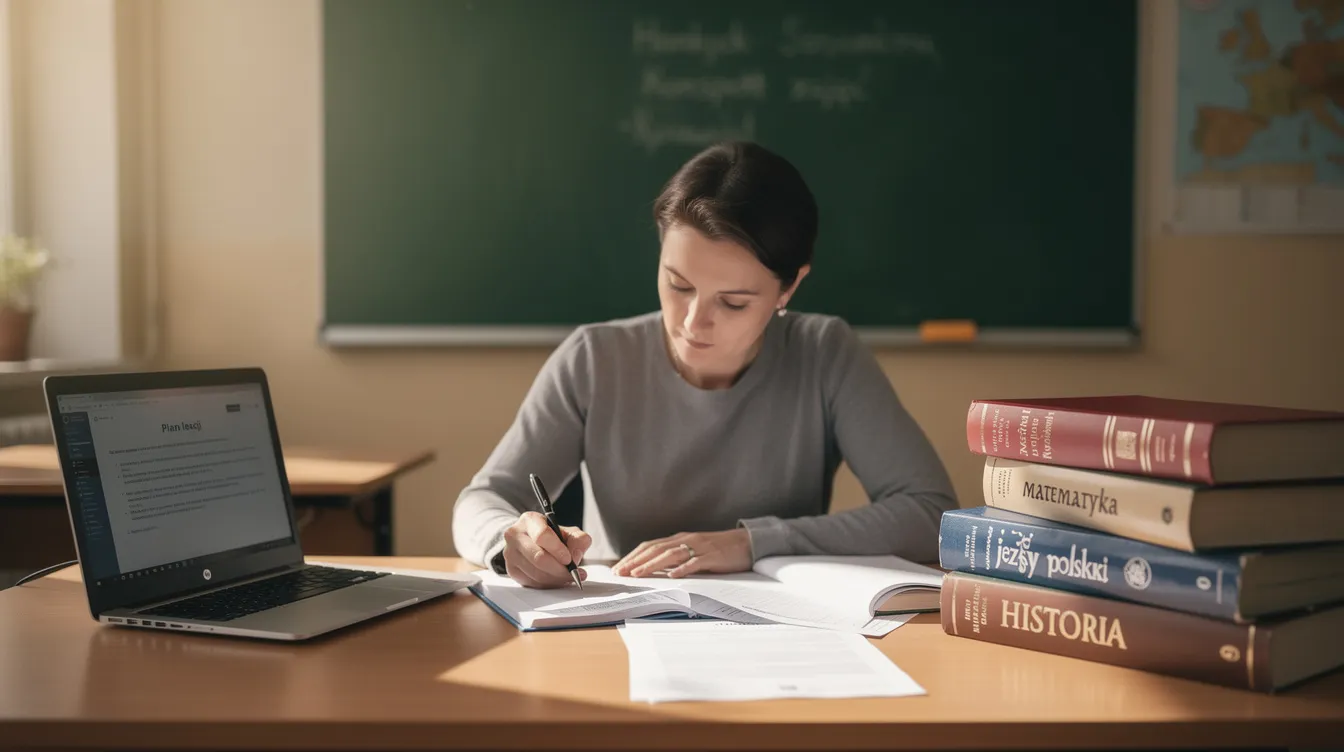 Na zdjęciu widoczny jest nauczyciel siedzący przy biurku, kt&oacute;ry przygotowuje dokumenty związane z awansem zawodowym, w tym materiały do egzaminu na stopień nauczyciela mianowanego. Na biurku znajdują się laptop oraz książki, co sugeruje, że nauczyciel pracuje nad podniesieniem jakości pracy szkoły i realizacją planu rozwoju zawodowego.