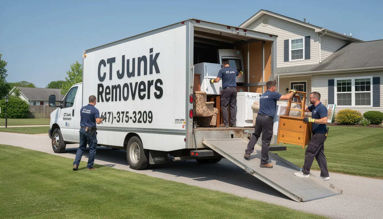 The TWO MEN AND A JUNK TRUCK® team is efficiently loading unwanted appliances and furniture into their removal truck, showcasing their reliable cleanout services for rental properties. This professional team is dedicated to providing hassle-free junk removal and responsible disposal of items, ensuring a clean and clutter-free space for new tenants.