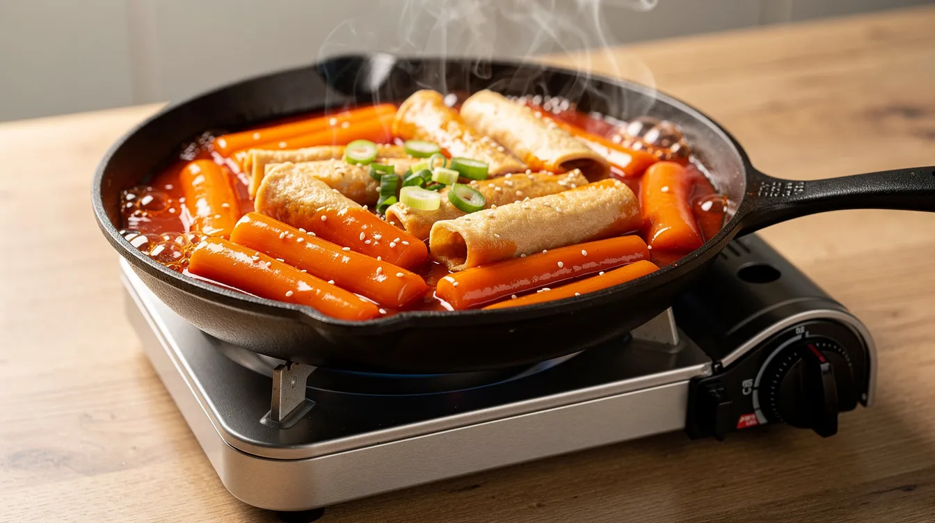 A bubbling cast iron pan filled with vibrant red tteokbokki sauce showcases cylindrical rice cakes and fish cakes, with steam rising above as it cooks on a portable burner. This scene captures the essence of popular Korean street food, highlighting the chewy texture of the rice cakes and the spicy flavor of the sauce.