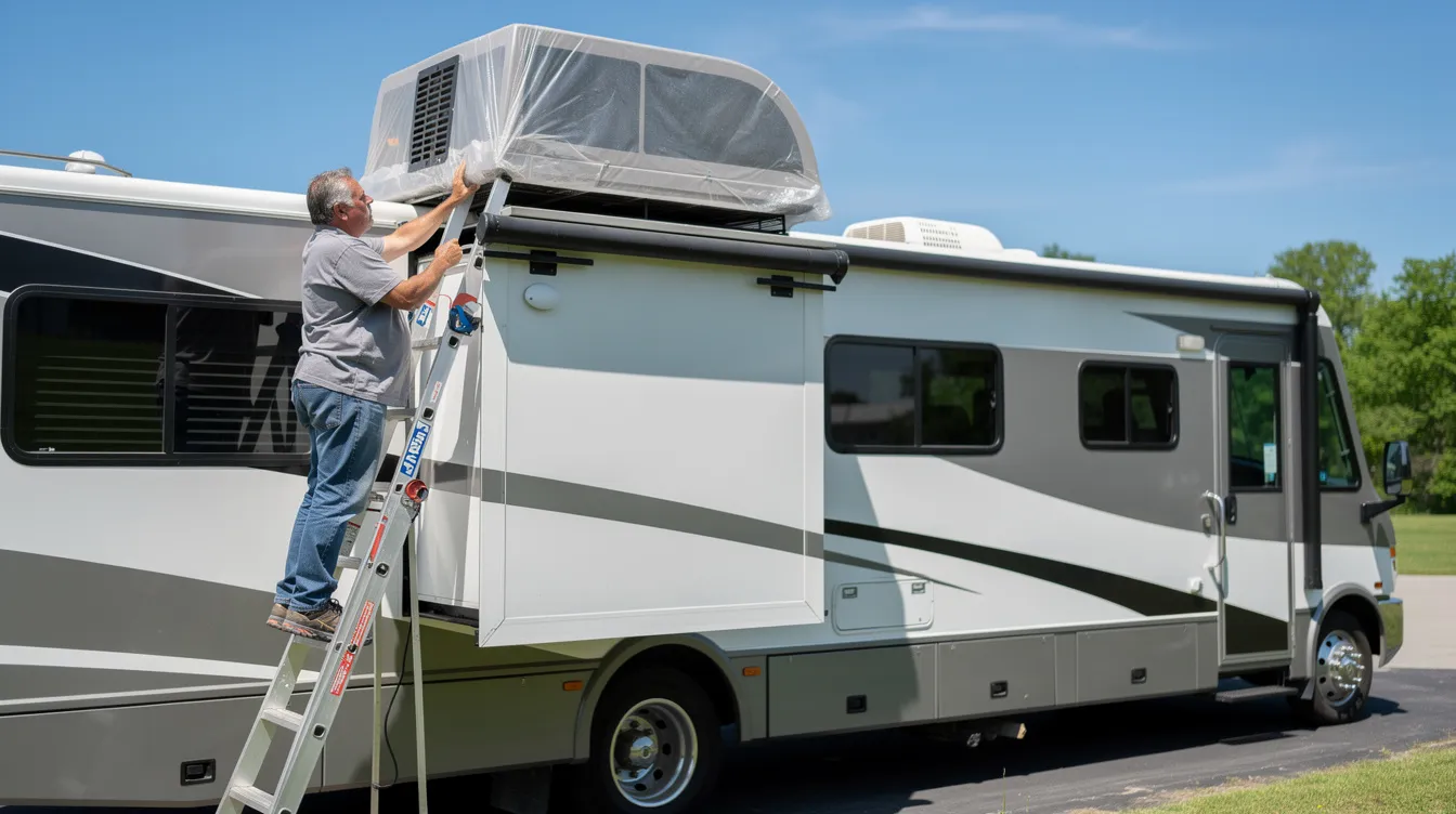 A person is standing on a ladder next to a recreational vehicle, inspecting the rooftop air conditioning unit under a bright sun. The scene captures the individual examining the ac unit's condenser coils and air filter, ensuring proper airflow and routine maintenance for optimal cooling performance.