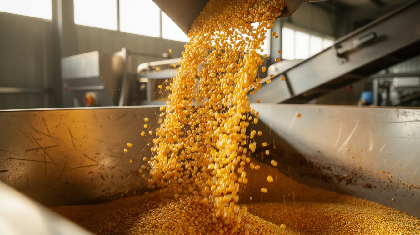 ec2b1ddf 0259 4ecf 9275 7777cc8db8b7 A close-up photograph captures golden maize kernels being poured into an industrial grain hopper at an ethanol manufacturing plant, highlighting the essential raw material used in the production process of ethanol. This image reflects the operational aspects of the ethanol industry, emphasizing the importance of maize as a key ingredient in meeting ethanol demand.