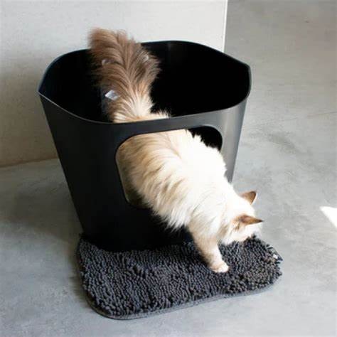 Een open kattenbak met een kattenmat eronder