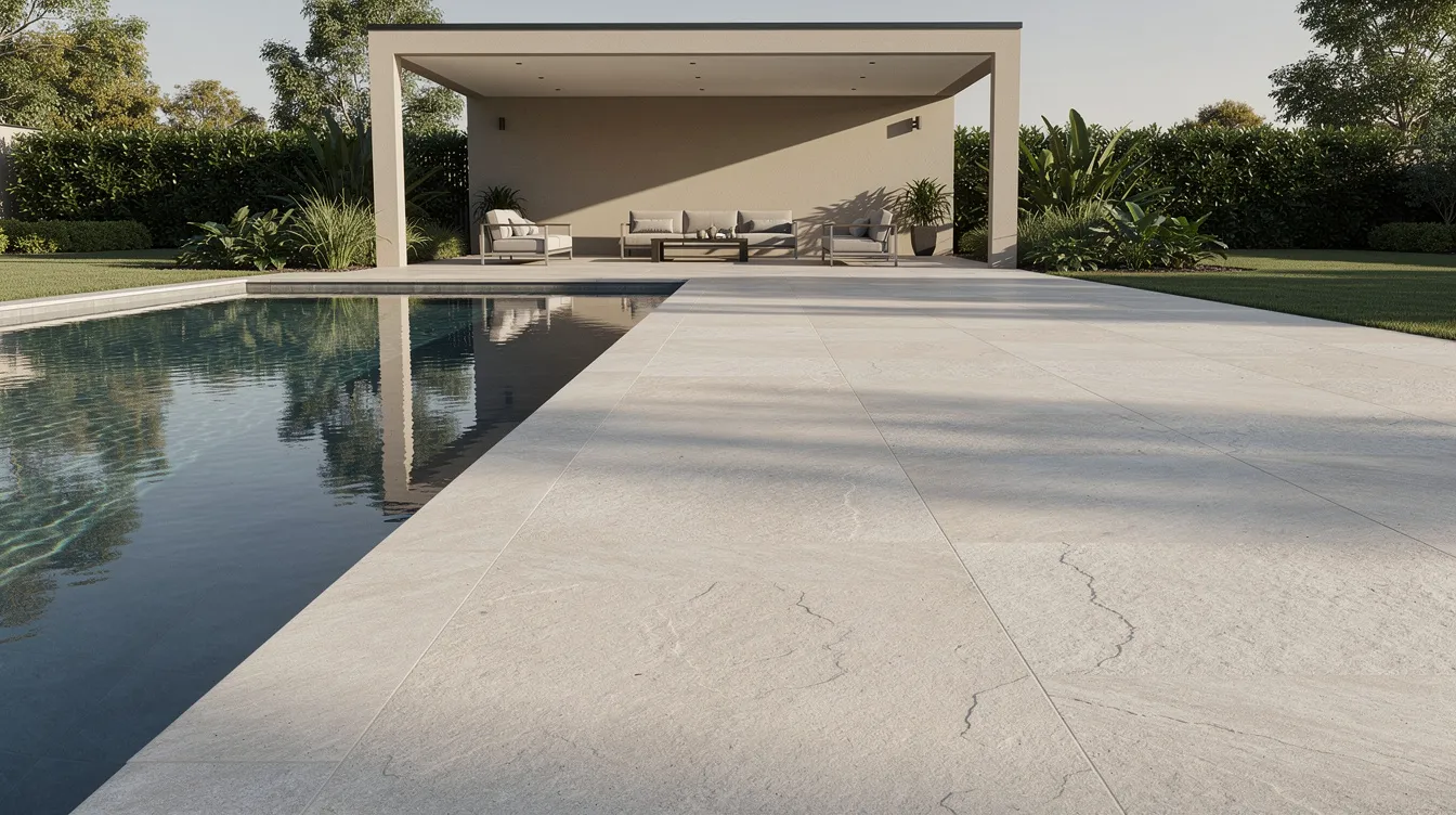 The image showcases textured outdoor porcelain tiles surrounding a pool and a covered terrace, creating a seamless transition between indoor and outdoor spaces. The dark gray tiles provide slip resistance and visual interest, enhancing the beauty of this outdoor area designed for relaxation and enjoyment.