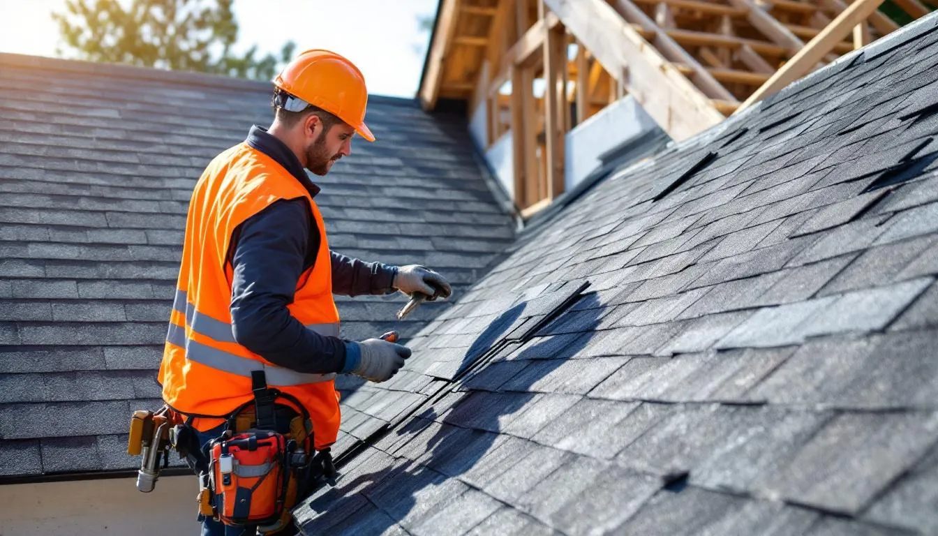 Un artisan couvreur, équipé d'un casque et de gants de protection, travaille sur une toiture en tuiles à Sainte Pazanne, mettant en avant son savoir-faire dans la rénovation de toiture. Cette image illustre les travaux de couverture, essentiels pour assurer la qualité et la sécurité des habitations dans le pays de Retz.