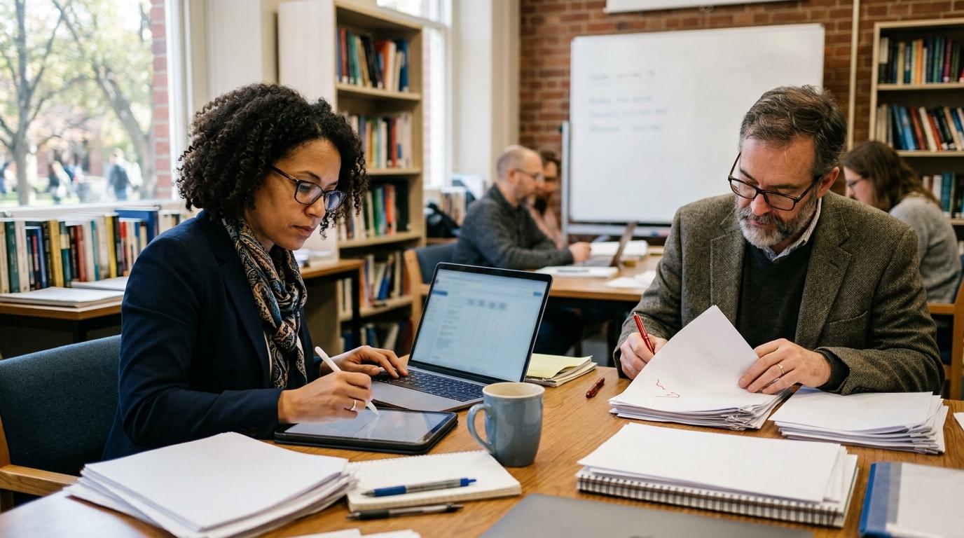 Photorealistic college instructor analyzing student essays with a digital rubric on a laptop while another faculty member reviews exam papers in a collaborative academic workspace.