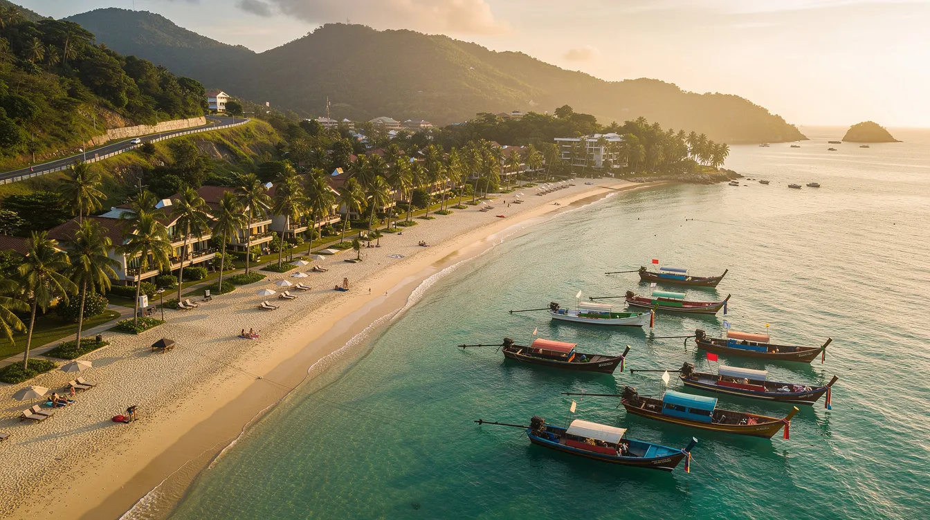 Imagem de Phuket, uma bela ilha na Tailândia, com praias de areia branca e águas cristalinas. Ao fundo, pode-se ver uma vegetação exuberante e alguns barcos ancorados, simbolizando as opções de passeios e estadias que a região oferece aos viajantes.