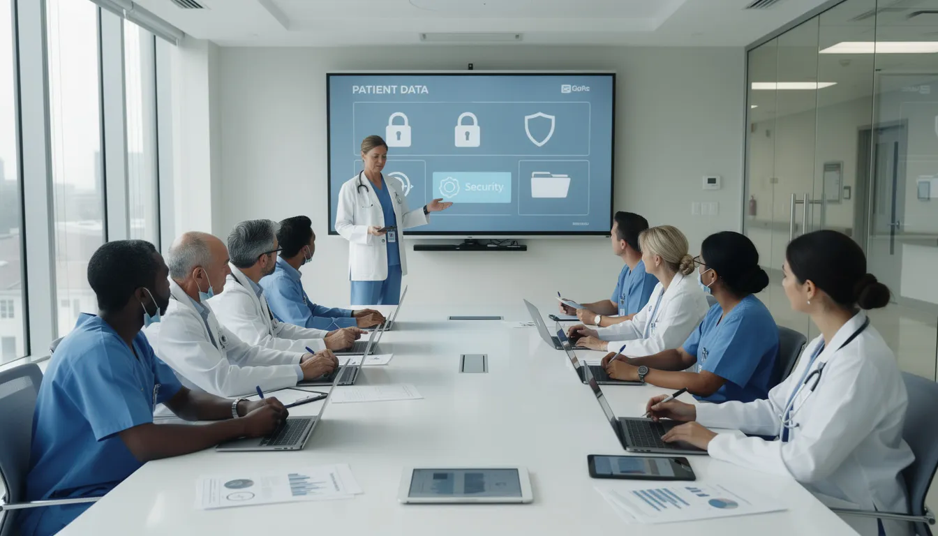 A healthcare team is gathered in a conference room, discussing important patient privacy and security protocols, including HIPAA compliance and the protection of individually identifiable health information. The professionals are focused on ensuring adherence to health and human services regulations while addressing potential security violations and workplace safety measures.