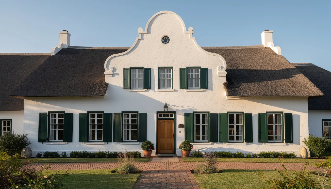 The image depicts a charming Cape Dutch style guesthouse with a distinctive thatched roof and multiple large windows, showcasing its inviting exterior. This picturesque building could serve as a perfect location for visitors seeking reliable DSTV installation services in Robertson, enhancing their entertainment experience.