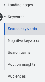 Keywords menu in Google Ads