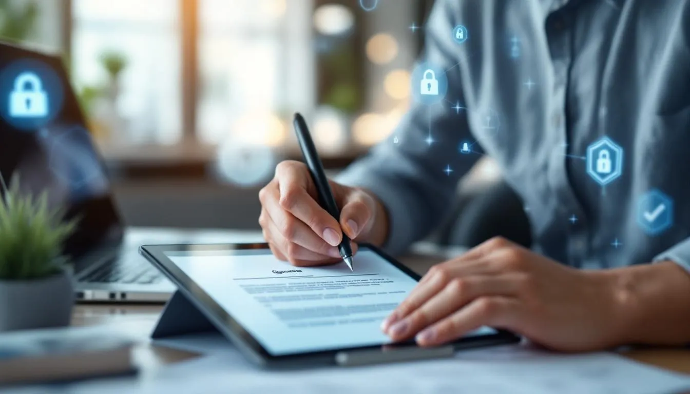 Een persoon ondertekent een digitaal document op een tablet, omringd door beveiligingssymbolen die de authenticiteit en rechtsgeldigheid van de elektronische handtekening benadrukken. Dit beeld illustreert het proces van digitaal ondertekenen, wat steeds gebruikelijker wordt in overeenkomsten en bedrijfsprocessen.