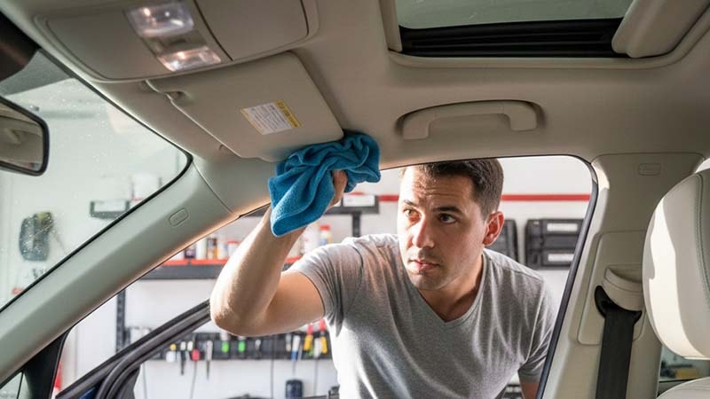 Using a microfiber towel to clean the car headliner