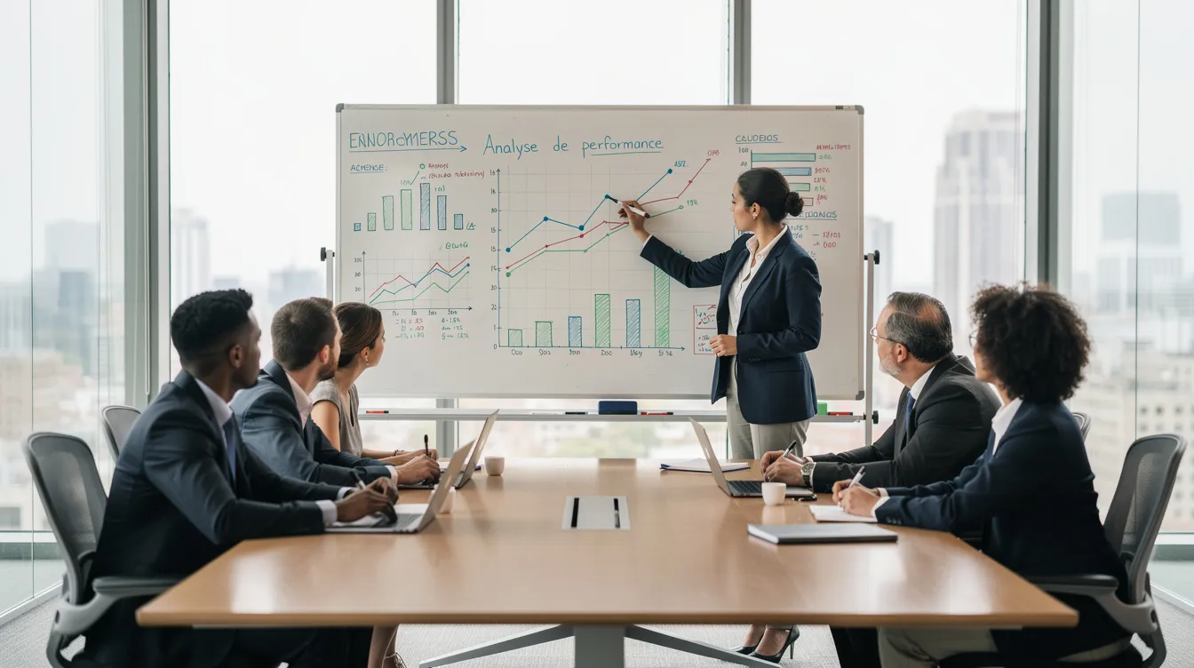L'image montre des professionnels en réunion dans une salle de conférence moderne, analysant des graphiques sur un grand tableau blanc. Ils discutent de la stratégie d'entreprise, des objectifs et de la mise en œuvre de décisions pour améliorer la croissance et l'allocation de ressources.