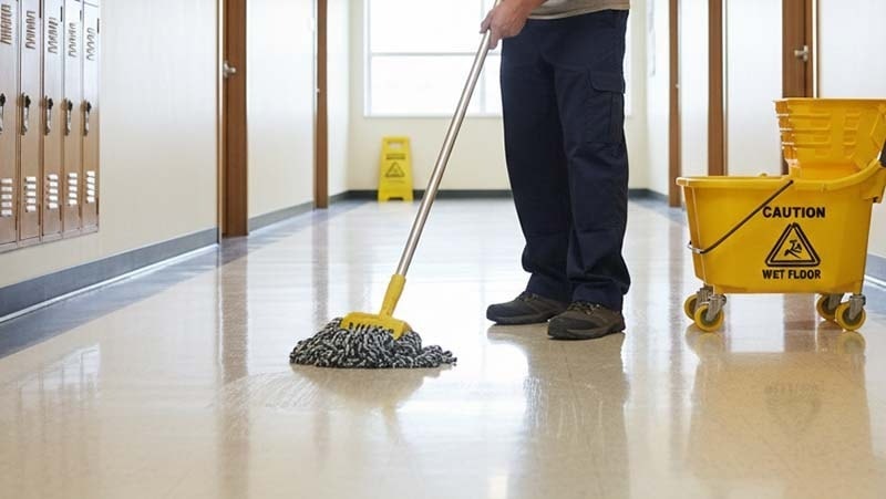 A man mopping floors in a school hallway