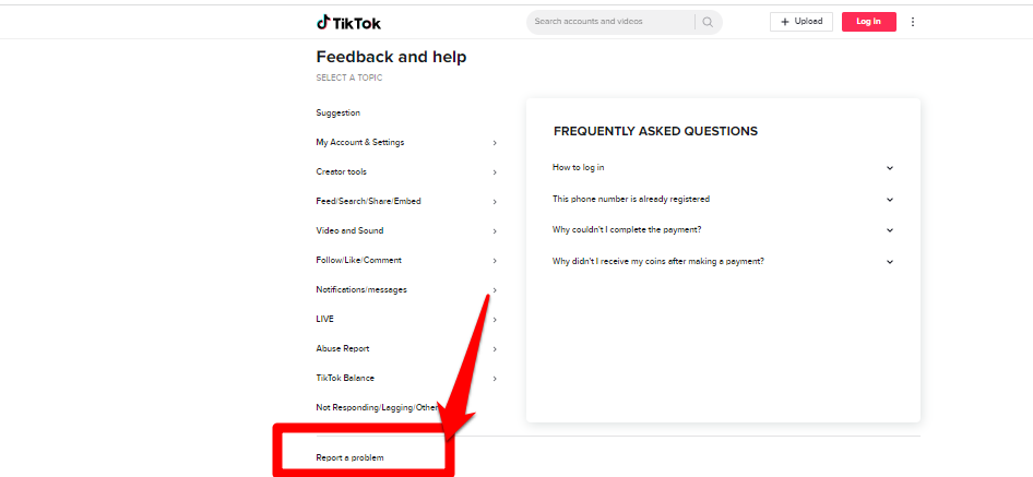 Screenshot showing how to report a problem on TikTok