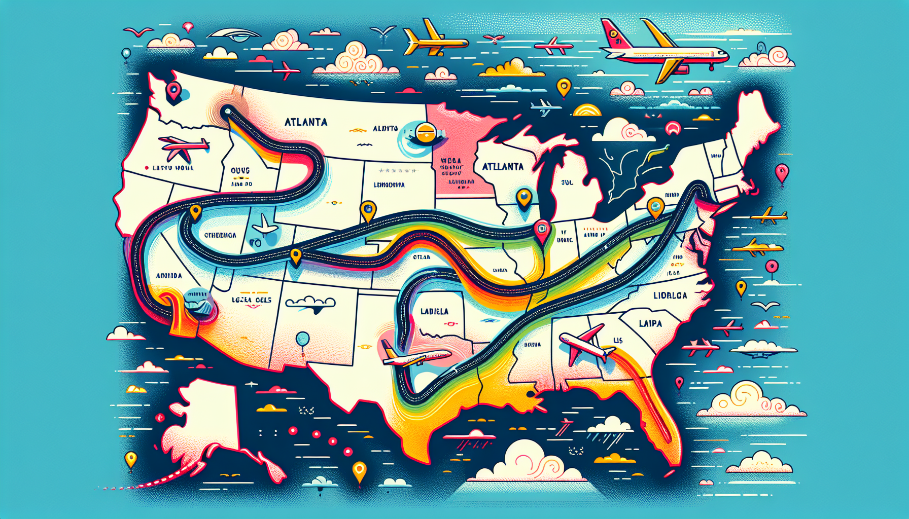 A flight route map for traveling from Atlanta to Los Angeles.