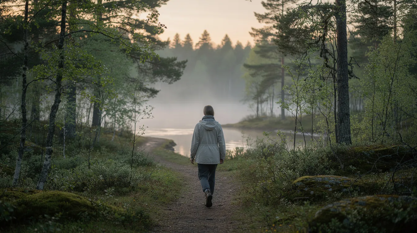 Sorgfaser: vanlige sorgreaksjoner, når du bør søke hjelp og hvordan komme videre 15 En person går tur i en fredelig natur, omgitt av trær og grønne områder, som skaper en rolig stemning. Denne opplevelsen kan være en viktig del av å bearbeide sorg og følelsene knyttet til tapet av en kjære.