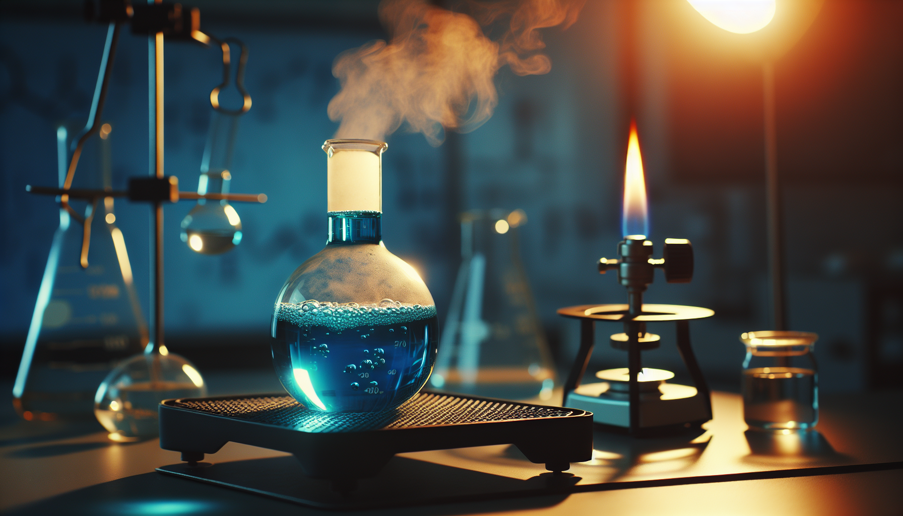 Erlenmeyer flask and Bunsen burner used for heating and mixing solutions