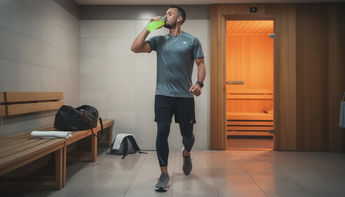 A competitive male runner is seen properly hydrating with an electrolyte drink before entering a sauna session, preparing for post exercise sauna bathing to enhance endurance performance and promote muscle recovery. This practice is essential for maintaining hydration and optimizing the health benefits of sauna use, such as improved circulation and increased plasma volume.