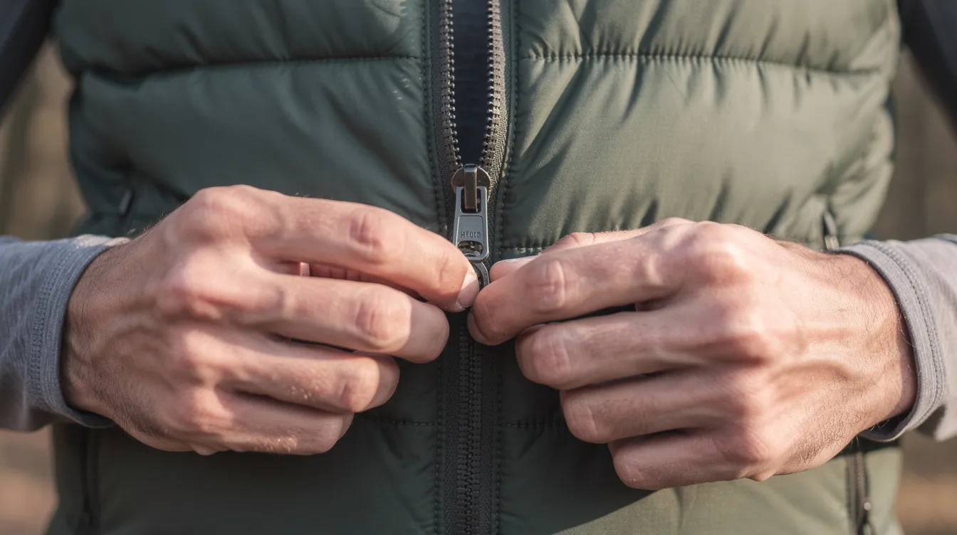 A close-up view of hands adjusting the zipper on a Montbell Superior Down Vest, showcasing the durable fabric and insulation designed for cold weather outdoor activities. The image highlights the vest's lightweight construction, perfect for layering during winter adventures.