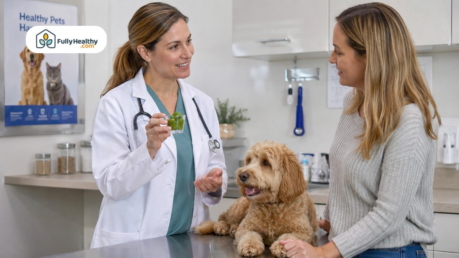 Veterinarian discussing spinach portions for dogs with pet owner indoors