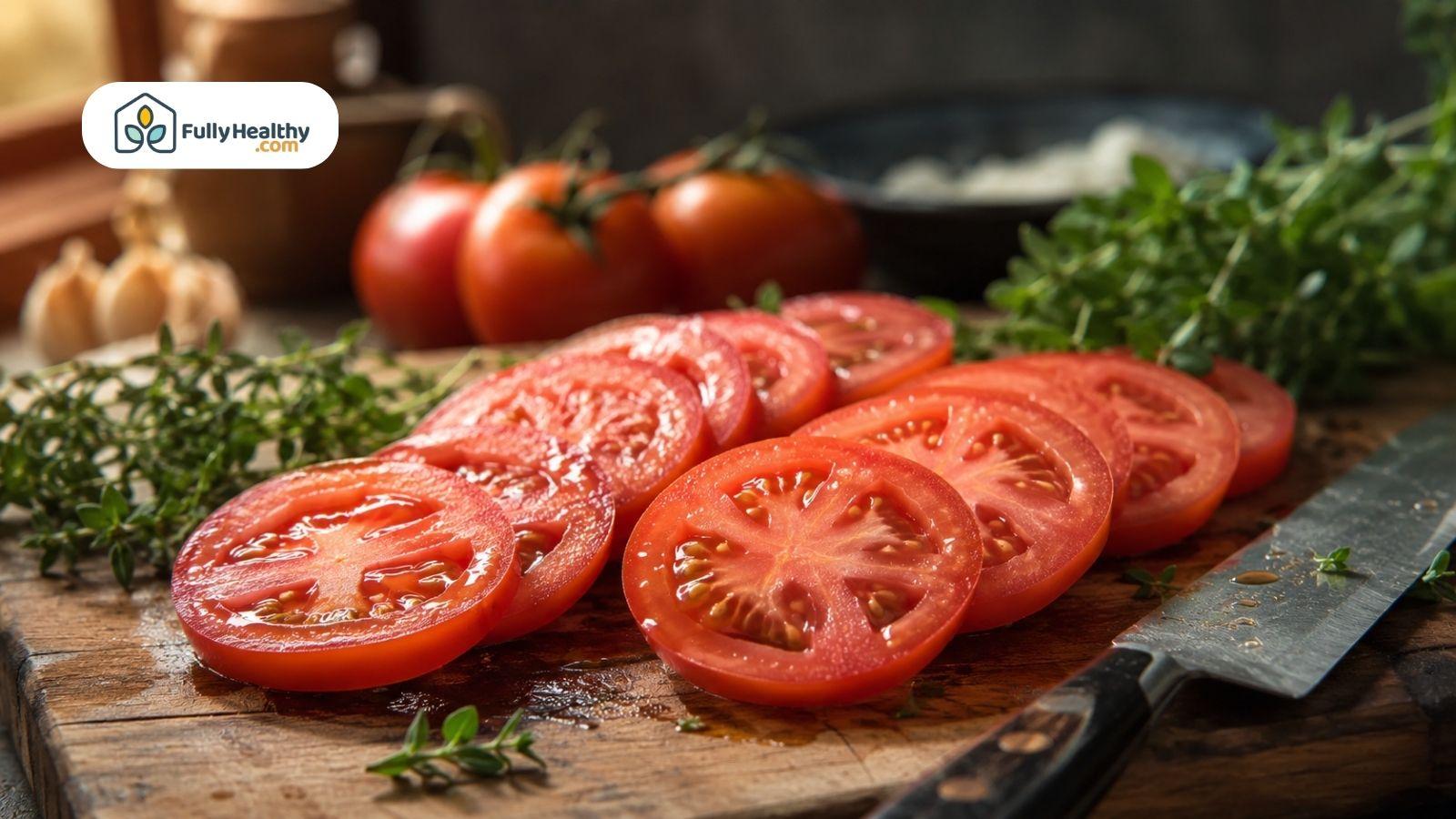 Freshly sliced ripe tomatoes arranged on a rustic wooden cutting board in kitchen.