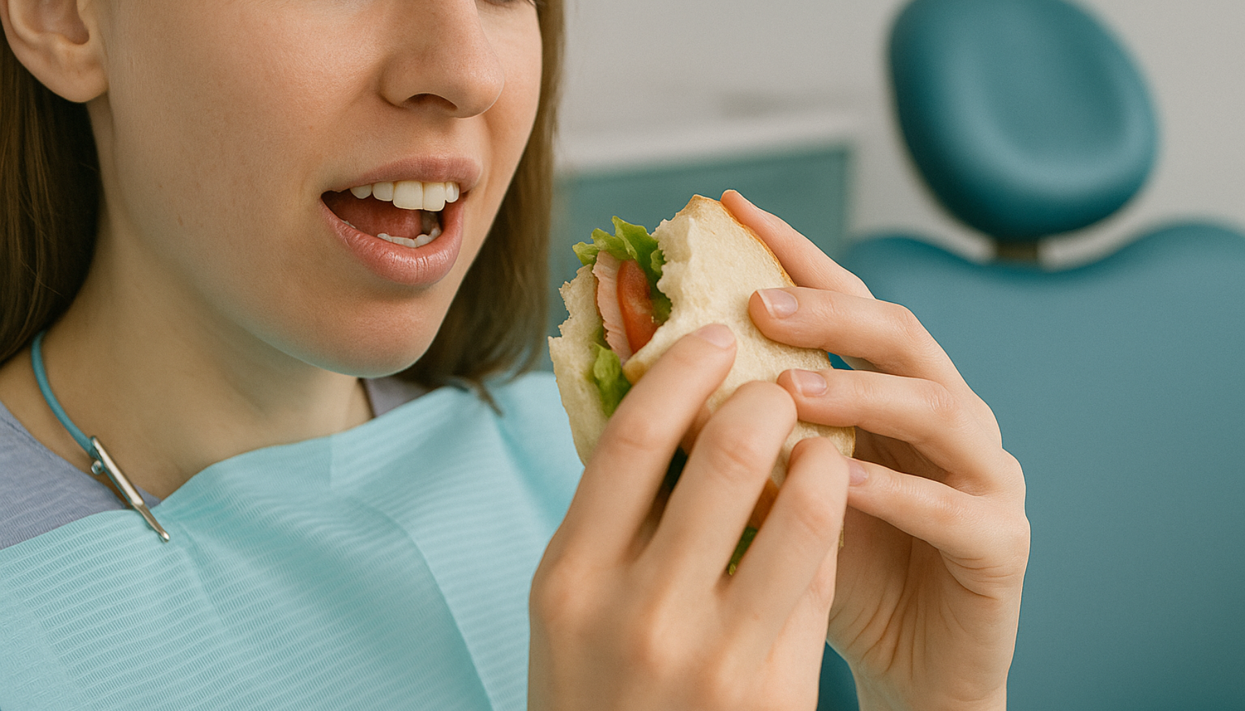 Spise Etter Tannlege: Hva Du Bør (og Ikke Bør) Gjøre Etter Behandling 12 Ung kvinne med smekke på tannlegekontor tar en bit av sandwich rett etter behandling, omgitt av stol og klinisk bakgrunn.