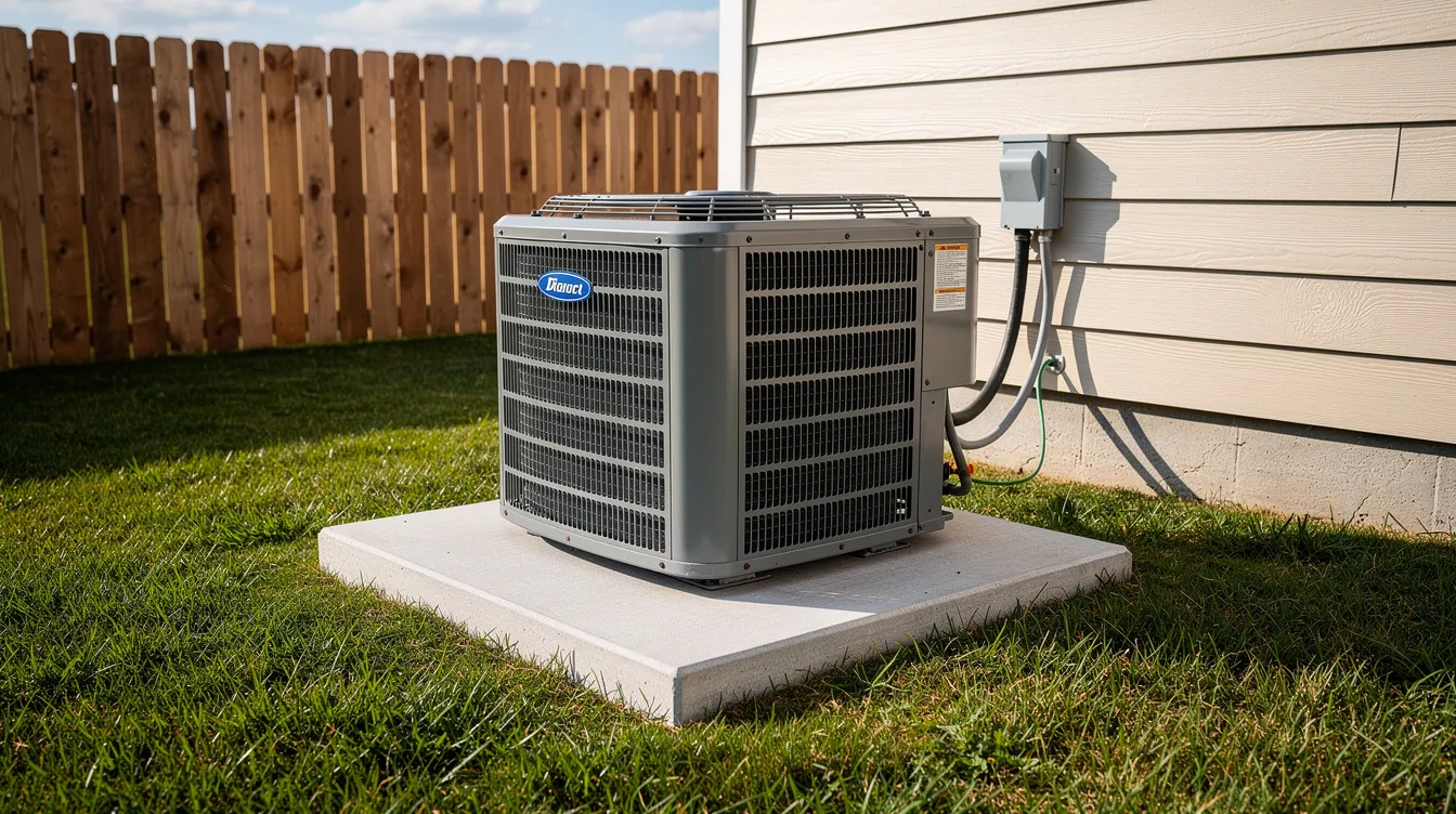 A residential outdoor AC condenser unit is positioned on a concrete pad in a backyard, surrounded by grass and a fence. This air conditioner condenser plays a crucial role in the cooling system, facilitating heat transfer and ensuring a comfortable indoor environment.